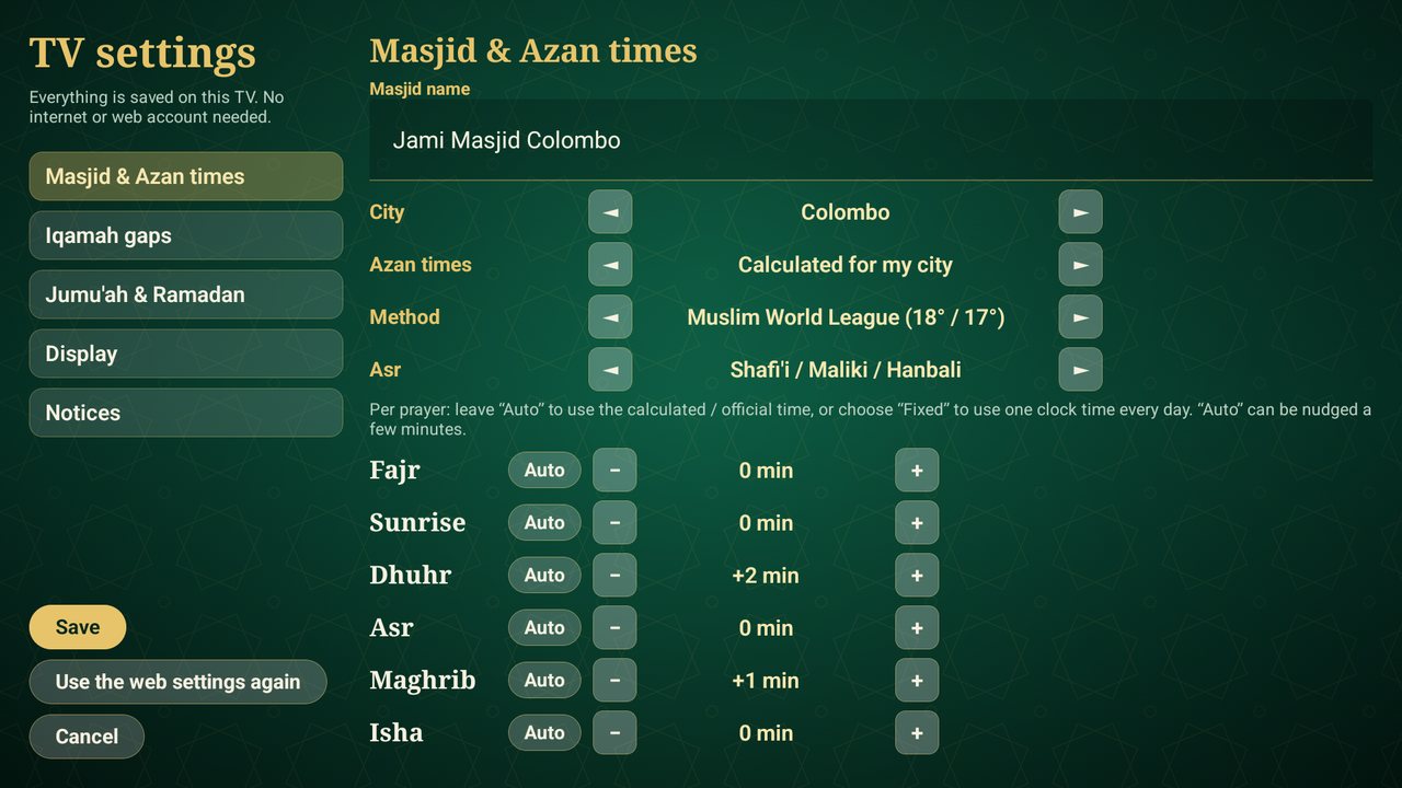 TV settings page for Azan times